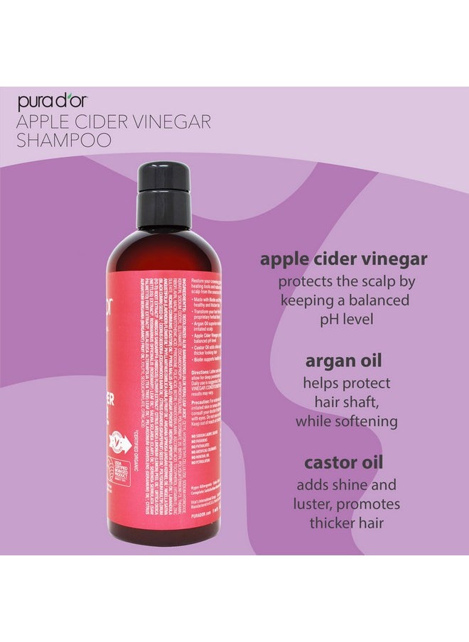 PURA D'OR Apple Cider Vinegar Thin2Thick Shampoo With Biotin, Castor Oil - All Hair Types, Men & Women, 16 Fl Oz