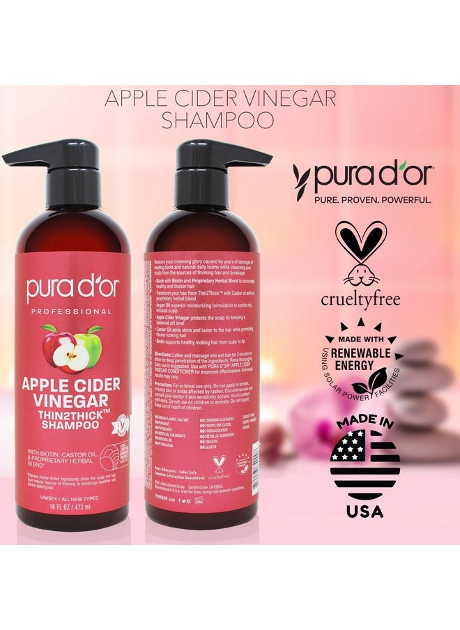 PURA D'OR Apple Cider Vinegar Thin2Thick Shampoo With Biotin, Castor Oil - All Hair Types, Men & Women, 16 Fl Oz