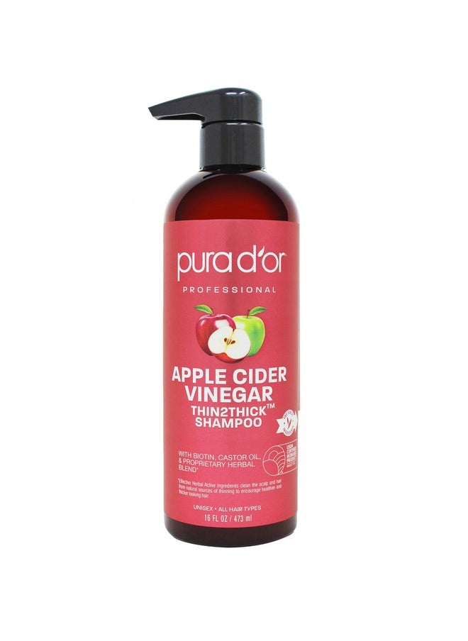 PURA D'OR Apple Cider Vinegar Thin2Thick Shampoo With Biotin, Castor Oil - All Hair Types, Men & Women, 16 Fl Oz