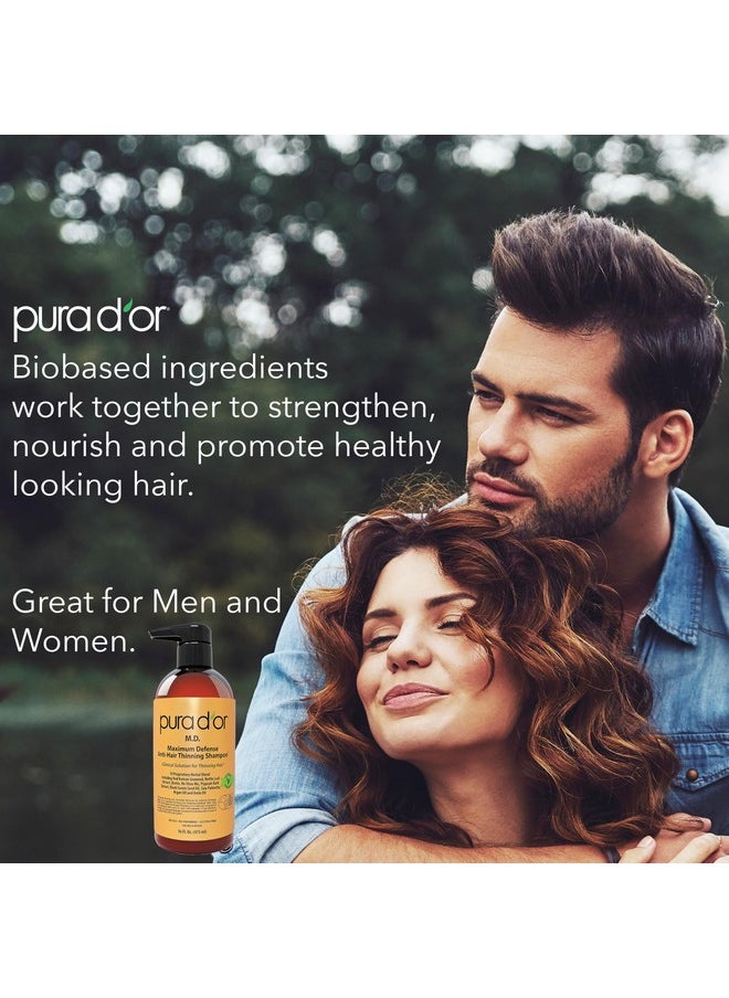 PURA D'OR 16 Oz MD Anti-Hair Thinning Maximum Defense Shampoo - 0.5% Coal Tar, Biotin, 19+ DHT Herbal Blend For Dry & Itchy Scalp, No Sulfates - For Men & Women