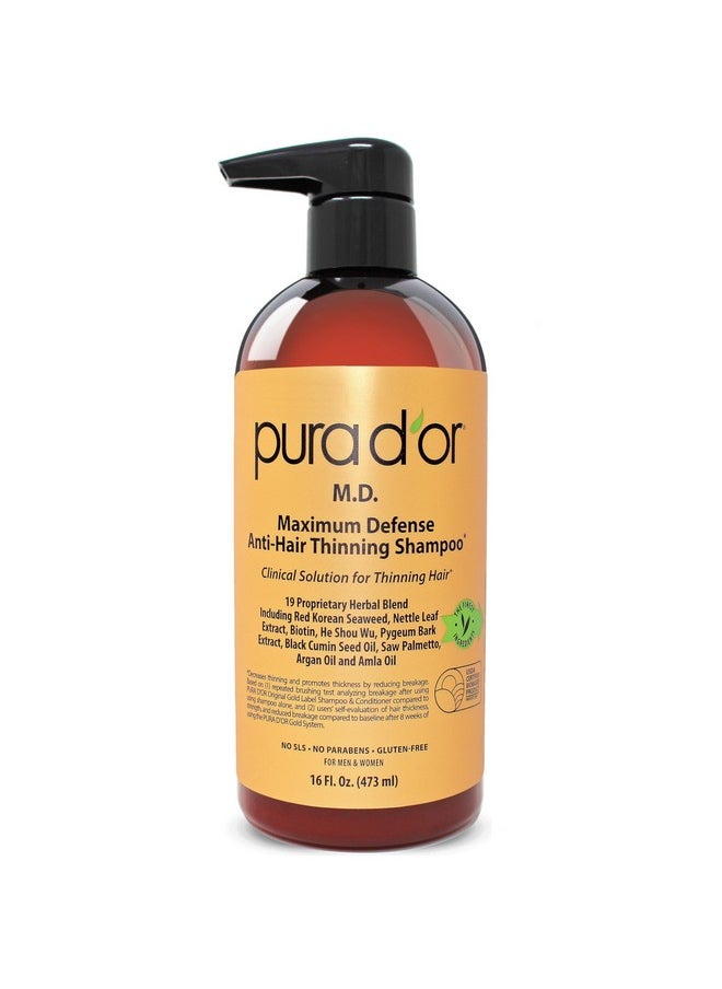 PURA D'OR 16 Oz MD Anti-Hair Thinning Maximum Defense Shampoo - 0.5% Coal Tar, Biotin, 19+ DHT Herbal Blend For Dry & Itchy Scalp, No Sulfates - For Men & Women