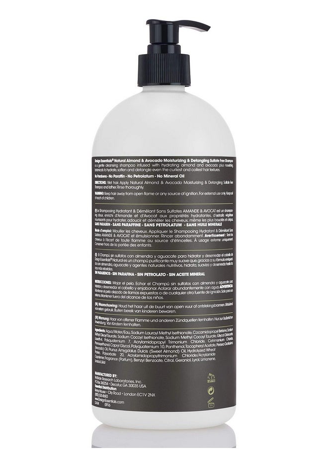 Design Essentials Moisturizing and Detangling Sulfate Free Shampoo, Almond and Avocado Collection, 32 Ounces