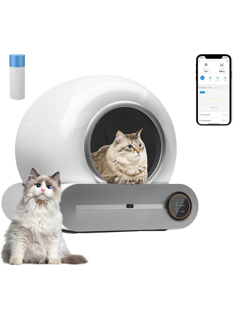 Self Cleaning Cat Litter Box, Upgraded Automatic Cat Litter Box 65L+ 9L Extra Large Capacity Automatic, APP Control/Odor Removal/Safety Protection/Low Noise Litter Box (White)