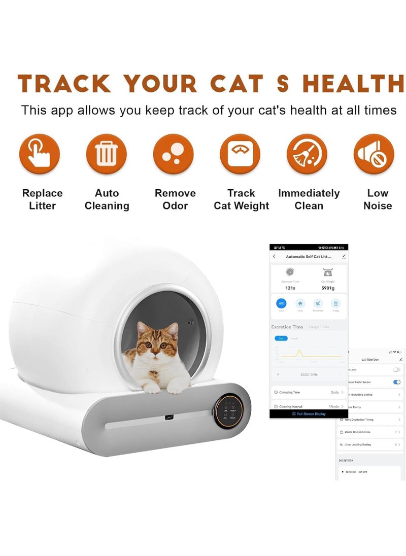 Self Cleaning Cat Litter Box, Upgraded Automatic Cat Litter Box 65L+ 9L Extra Large Capacity Automatic, APP Control/Odor Removal/Safety Protection/Low Noise Litter Box (White)