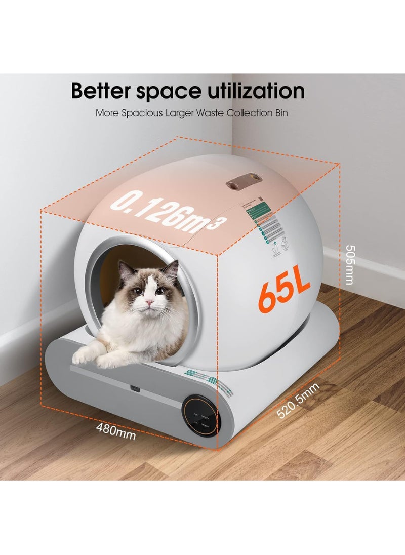 Self Cleaning Cat Litter Box, Upgraded Automatic Cat Litter Box 65L+ 9L Extra Large Capacity Automatic, APP Control/Odor Removal/Safety Protection/Low Noise Litter Box (White)