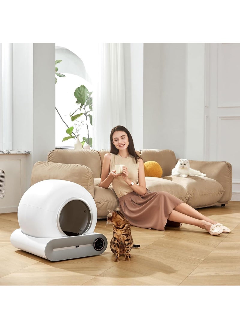 Self Cleaning Cat Litter Box, Upgraded Automatic Cat Litter Box 65L+ 9L Extra Large Capacity Automatic, APP Control/Odor Removal/Safety Protection/Low Noise Litter Box (White)