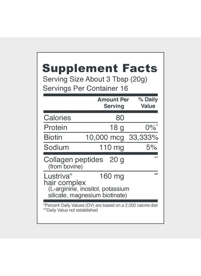 Vital Proteins Collagen Peptides + Biotin 10000mcg Hair Complex, Hair Growth Supplement - Clinically Studied Lustriva to Promote Thicker Fuller Hair, 20g Unflavored Collagen for Women 11.4oz Powder
