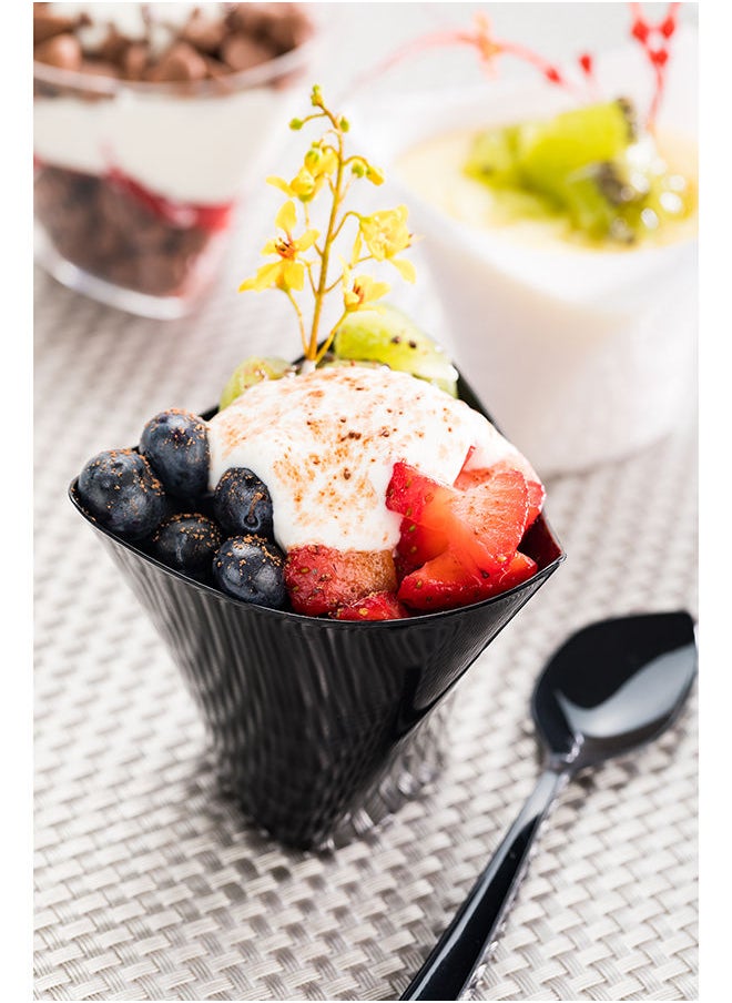 Restaurantware-4 Ounce Small Serving Cups, 100 Triangular Dessert Shooters - Disposable, Crescendo Design, Black Plastic Mini Dessert Cups, Serve Appetizers, Tastings, And Snacks