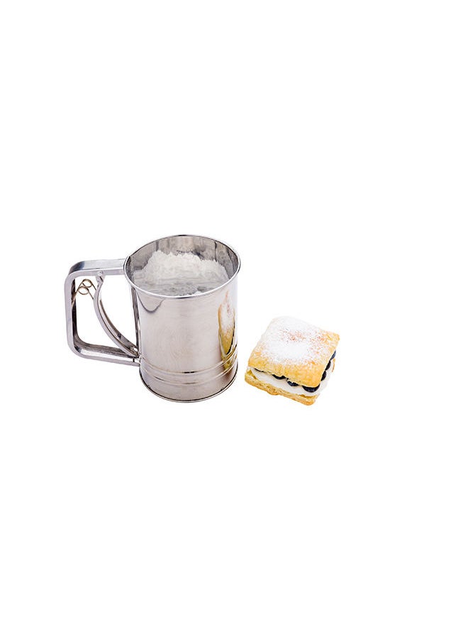Restaurantware-Pastry Tek 2.5 Cup Flour Sifter, 1 Corrosion-Tolerant Baking Sifter - Squeeze Handle, Triple Mesh Screen, Stainless Steel Flour Sieve, For Sugar, Flour, Or Coffee Powder