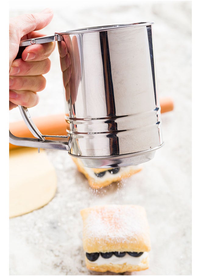 Restaurantware-Pastry Tek 2.5 Cup Flour Sifter, 1 Corrosion-Tolerant Baking Sifter - Squeeze Handle, Triple Mesh Screen, Stainless Steel Flour Sieve, For Sugar, Flour, Or Coffee Powder