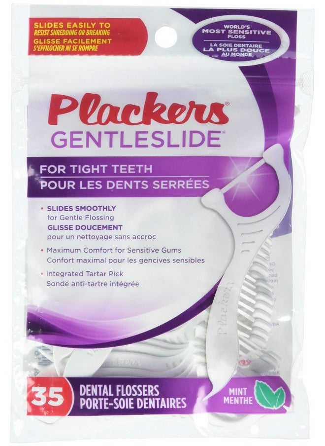 Plackers Gentleslide for Tight Teeth Cool Mint Flavor with Tarter Pick 35 Dental Flossers for Clean Teeth and Healthy Gums (1 Each)