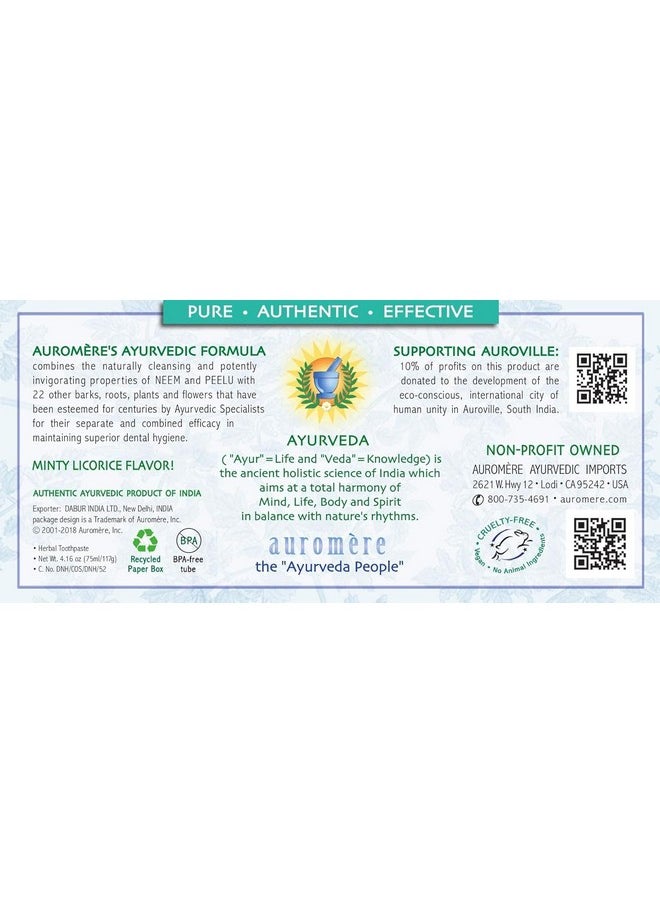 Auromere Ayurvedic Herbal Toothpaste, Classic Licorice - With Neem & Peelu, Natural Toothpaste, Non-GMO, Fluoride Free Toothpaste, Vegan, Cruelty-Free, Lasts 3x Longer than Regular Toothpaste - 6 Pack