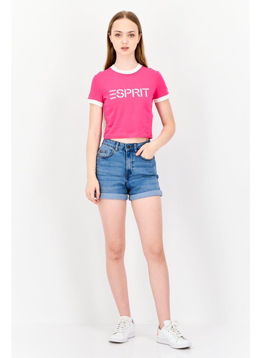 Women Crew Neck Short Sleeve Brand Logo Crop T-Shirt, Pink
