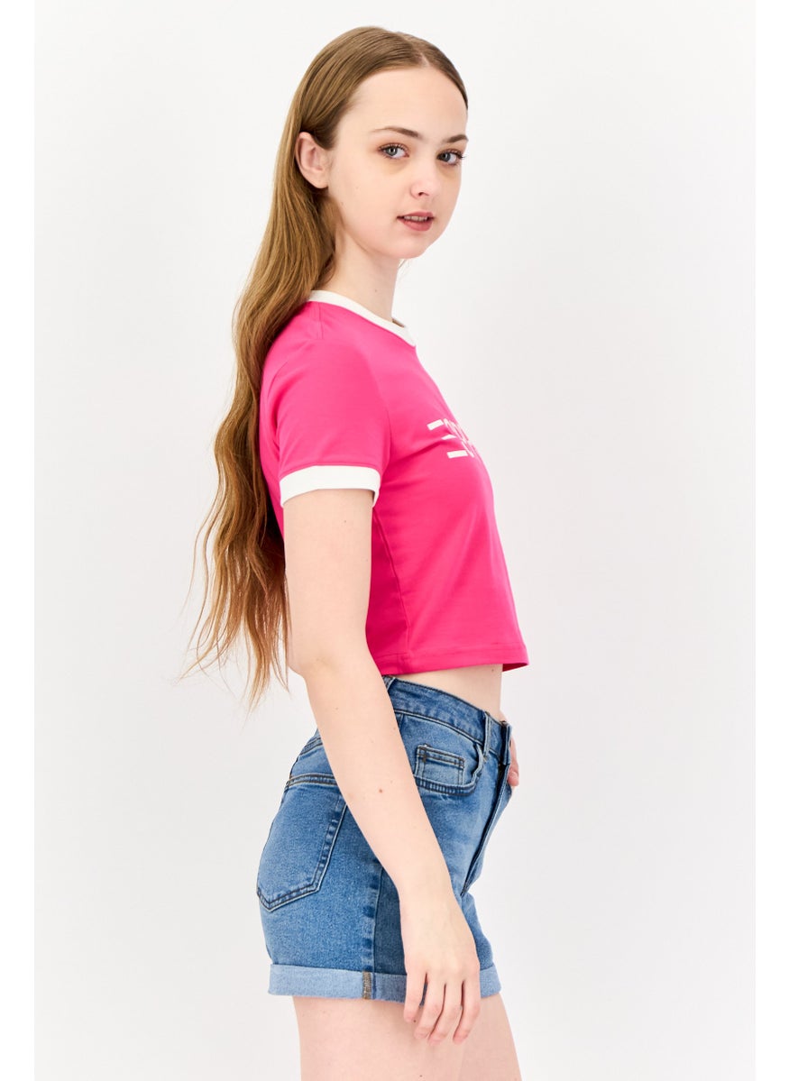 Women Crew Neck Short Sleeve Brand Logo Crop T-Shirt, Pink