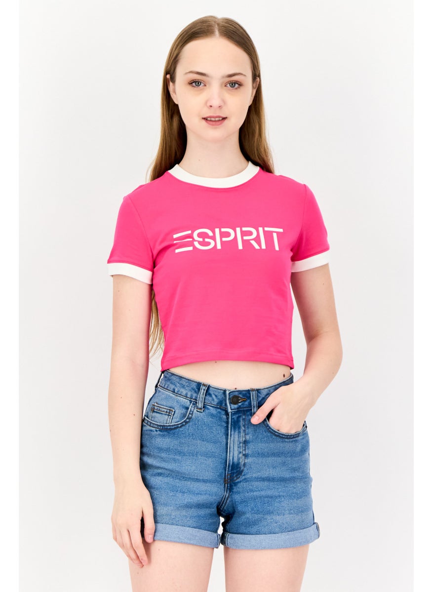 Women Crew Neck Short Sleeve Brand Logo Crop T-Shirt, Pink