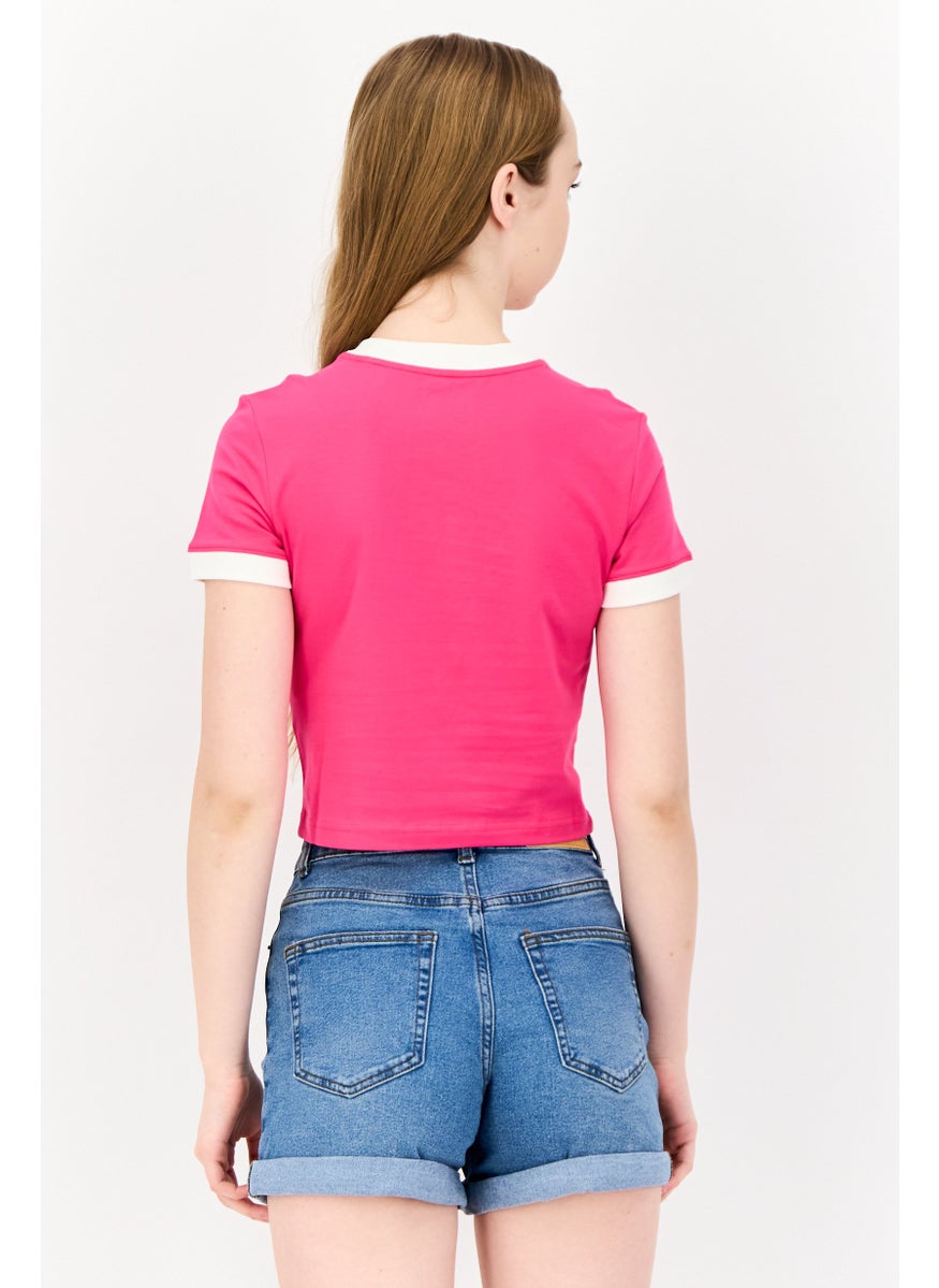 Women Crew Neck Short Sleeve Brand Logo Crop T-Shirt, Pink