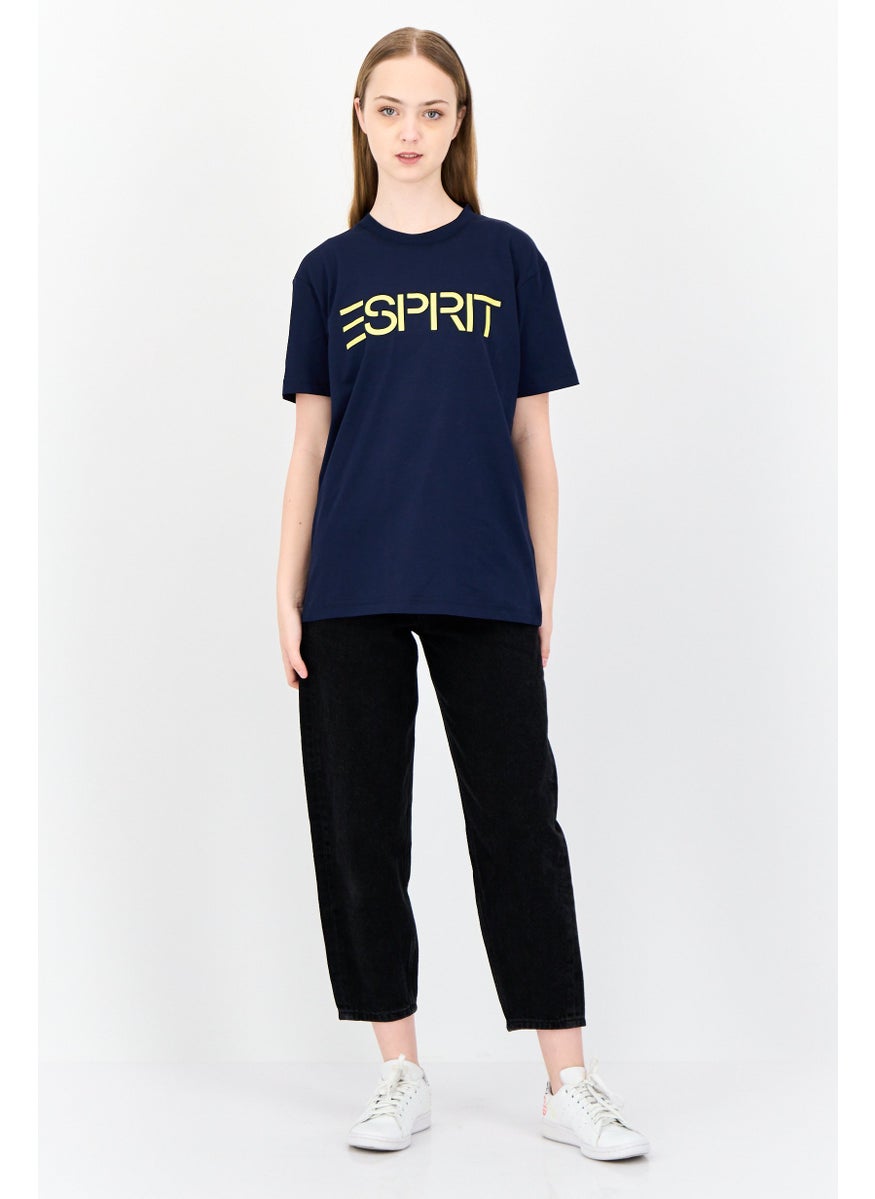 Women Crew Neck Short Sleeve Brand Logo T-Shirt, Navy