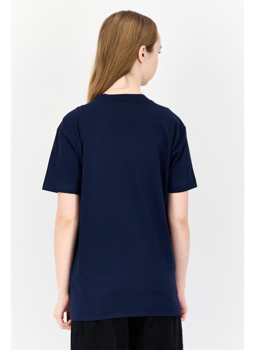 Women Crew Neck Short Sleeve Brand Logo T-Shirt, Navy