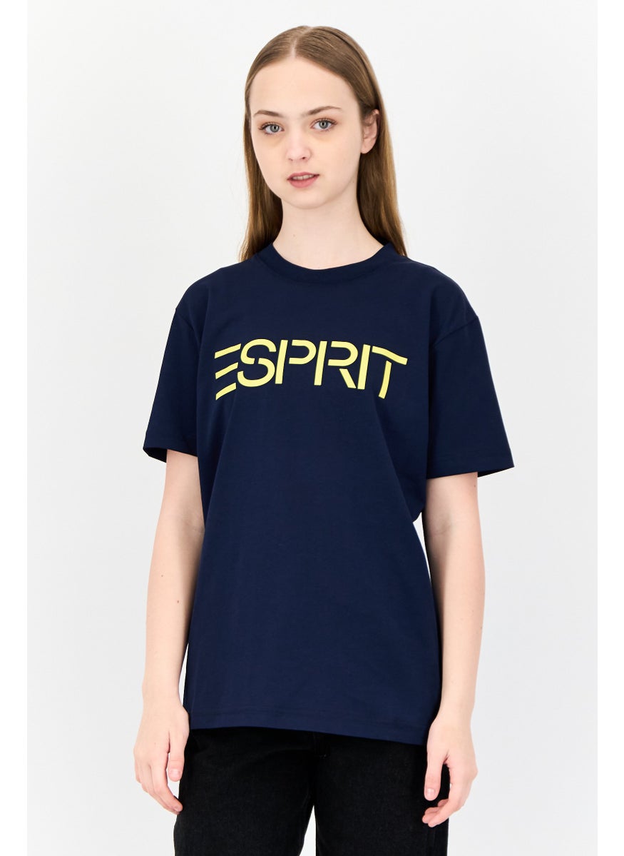 Women Crew Neck Short Sleeve Brand Logo T-Shirt, Navy