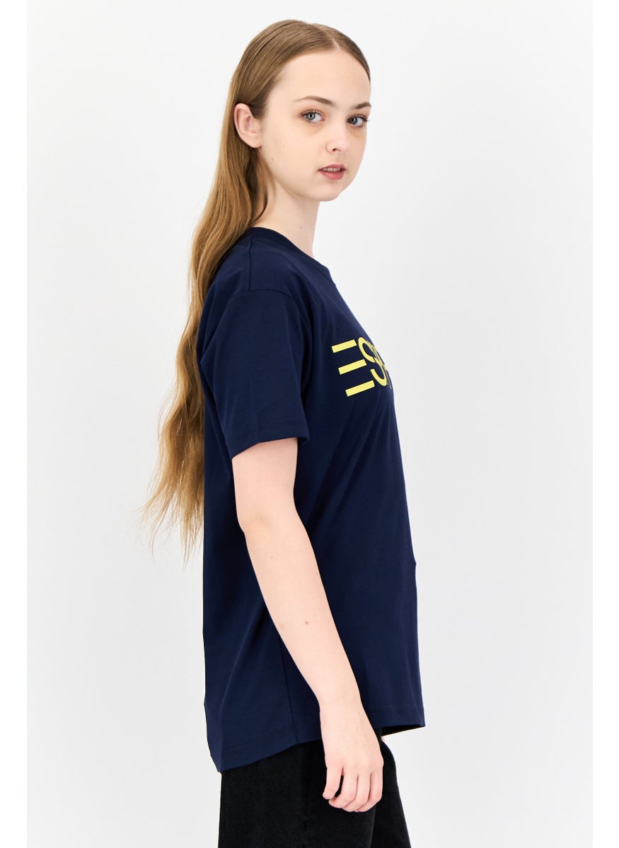 Women Crew Neck Short Sleeve Brand Logo T-Shirt, Navy