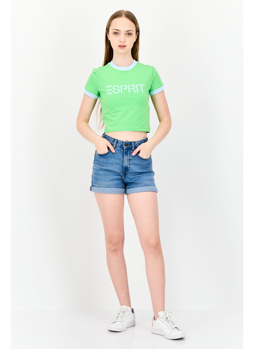 Women Crew Neck Short Sleeve Brand Logo Crop T-Shirt, Light Green