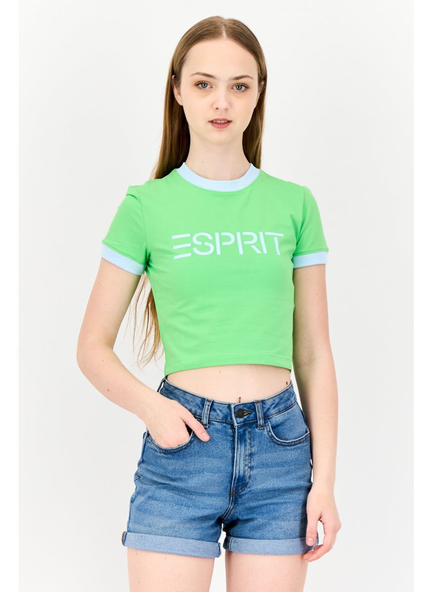 Women Crew Neck Short Sleeve Brand Logo Crop T-Shirt, Light Green