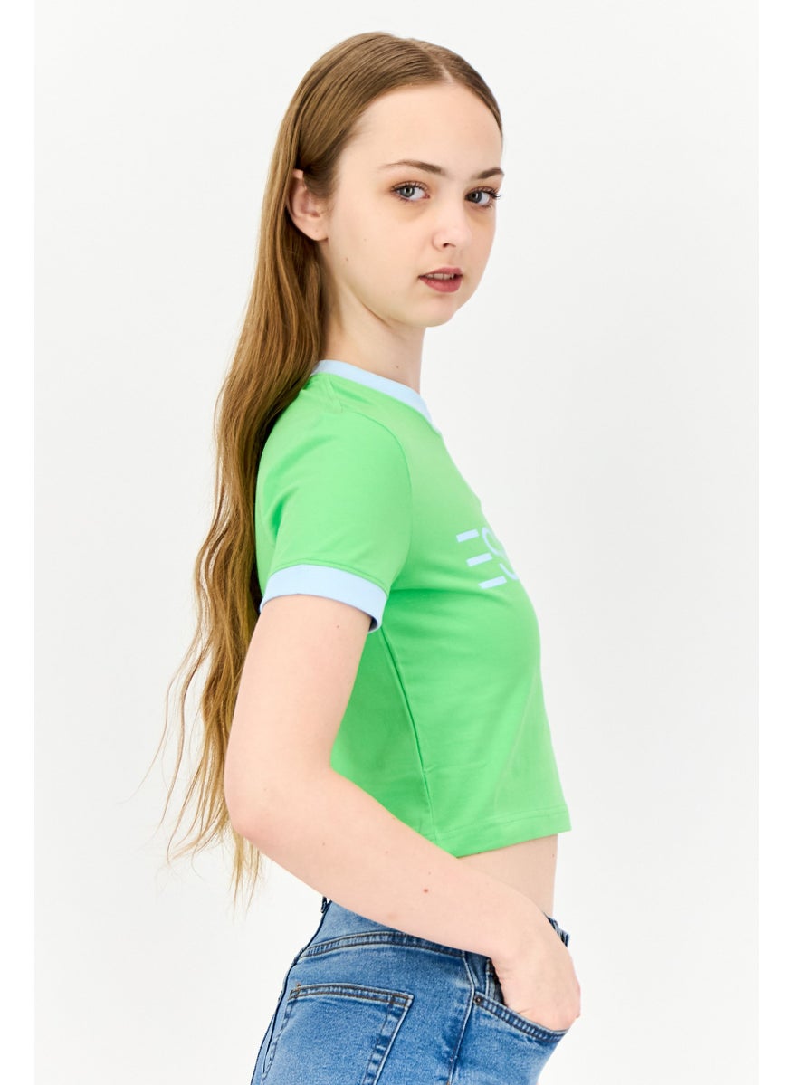 Women Crew Neck Short Sleeve Brand Logo Crop T-Shirt, Light Green