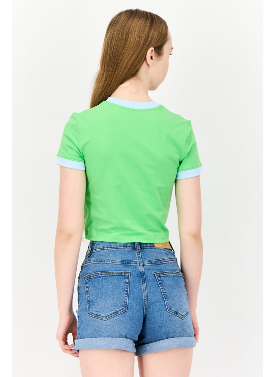 Women Crew Neck Short Sleeve Brand Logo Crop T-Shirt, Light Green