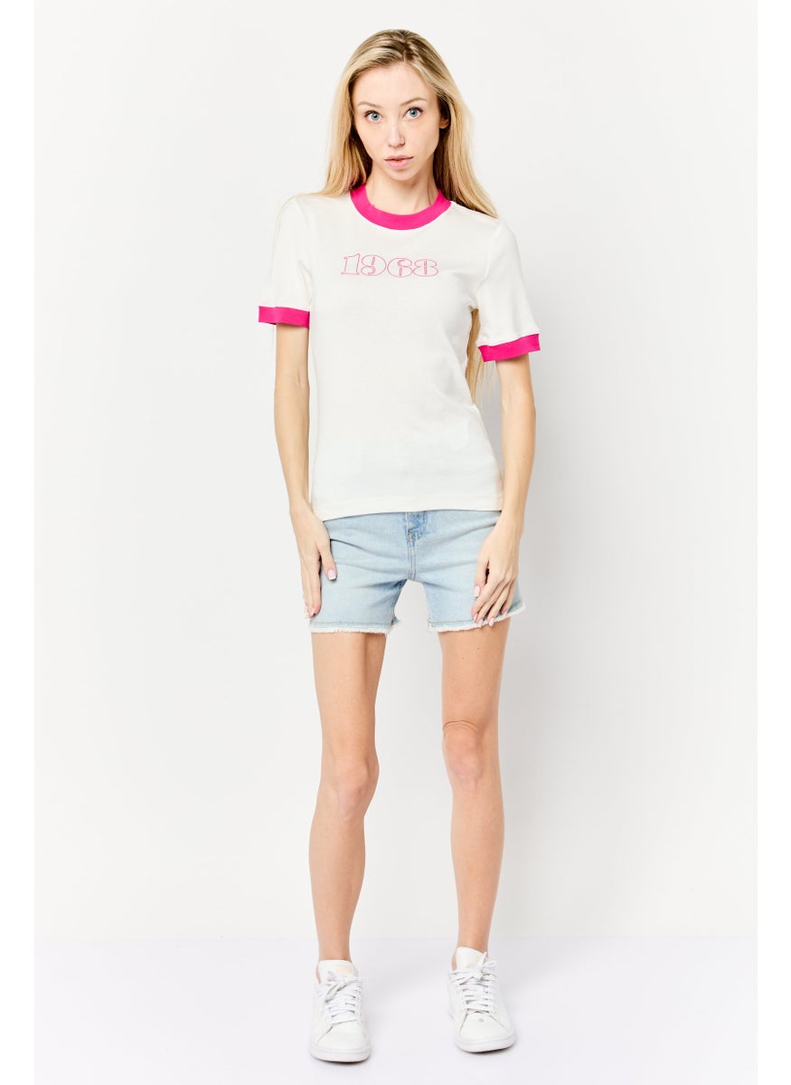 Women Crew Neck Short Sleeves Graphic T-Shirt, White