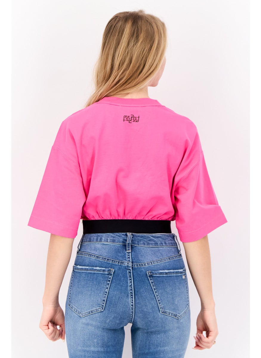 Women Crew Neck Graphic Print Short Sleeves Top, Pink