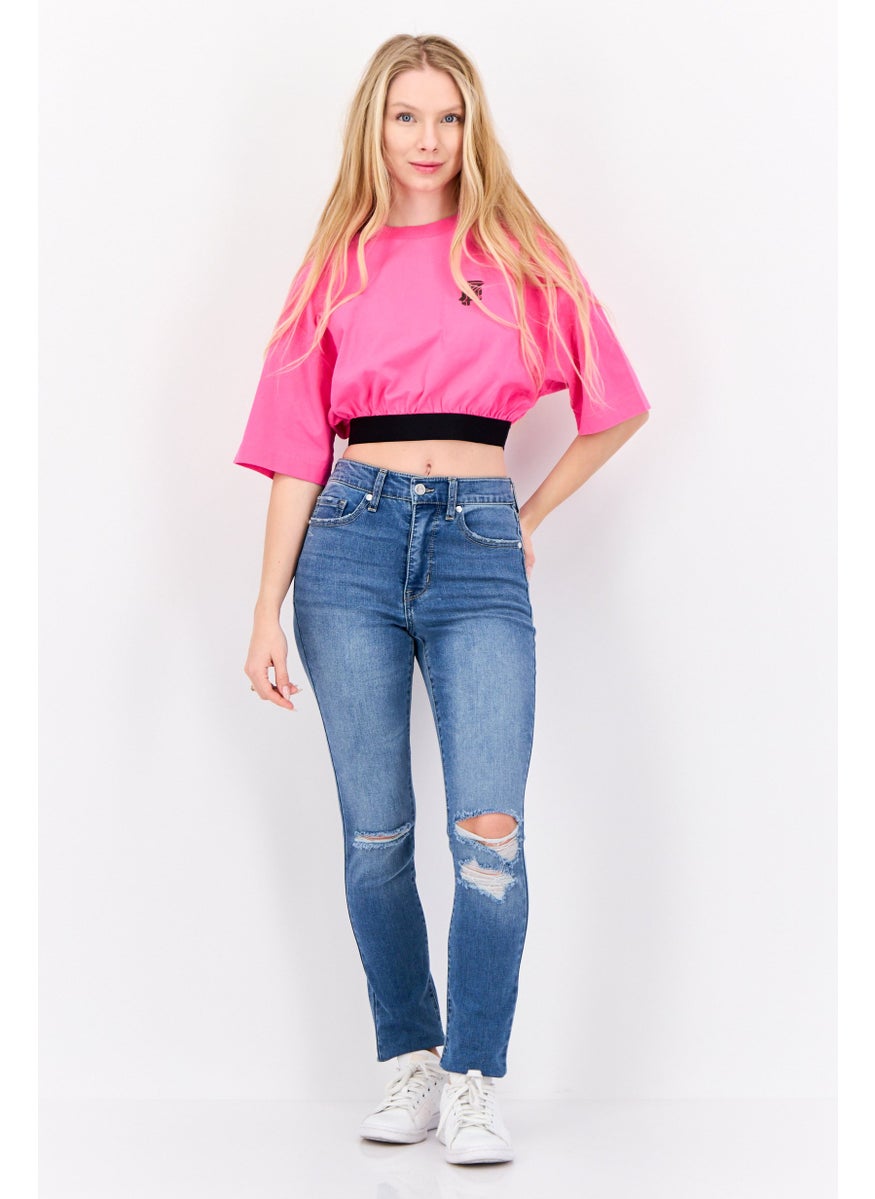 Women Crew Neck Graphic Print Short Sleeves Top, Pink