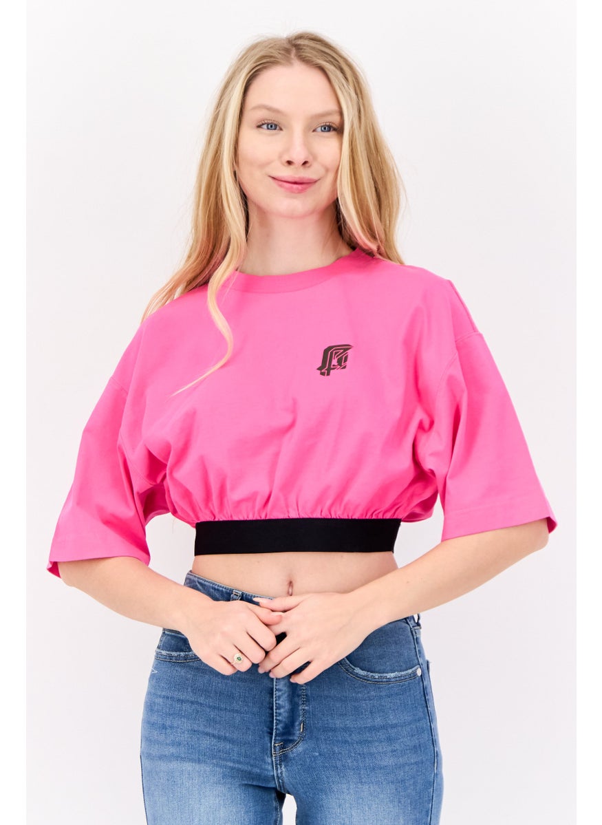 Women Crew Neck Graphic Print Short Sleeves Top, Pink