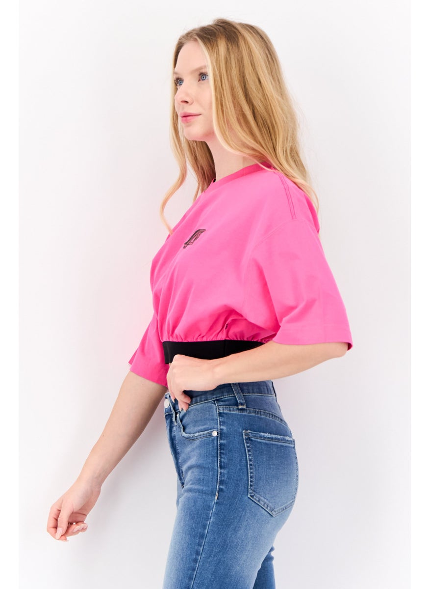 Women Crew Neck Graphic Print Short Sleeves Top, Pink