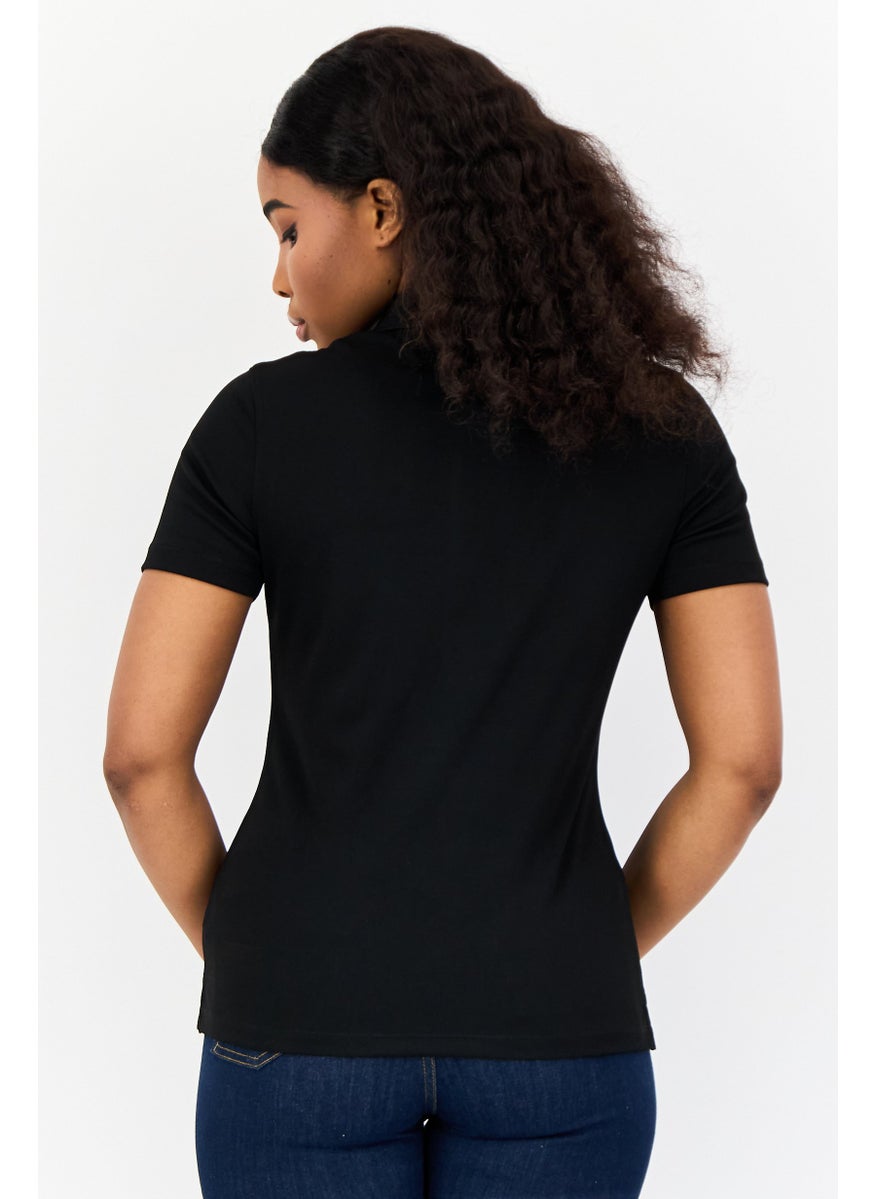 Women Regular Fit Brand Logo Short Sleeve Polo Shirt, Black