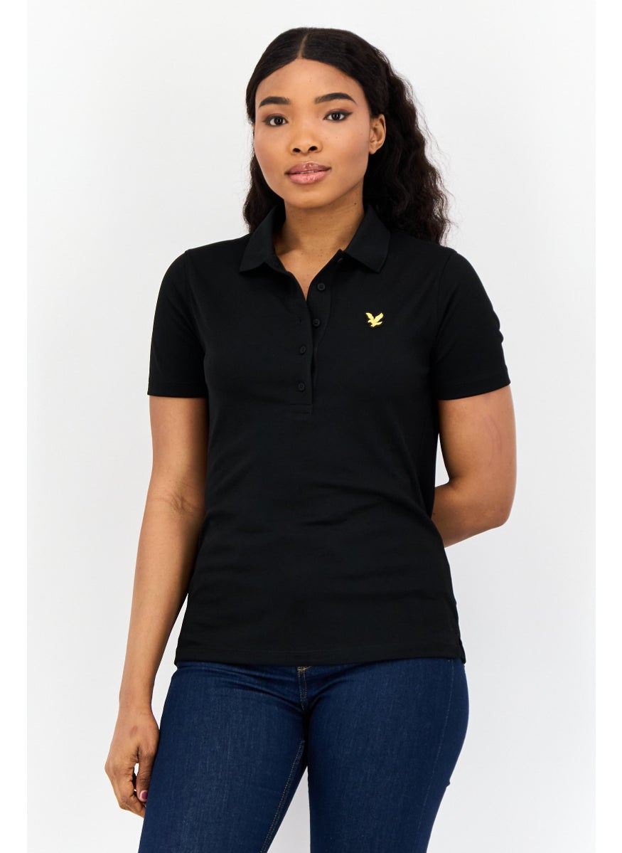 Women Regular Fit Brand Logo Short Sleeve Polo Shirt, Black