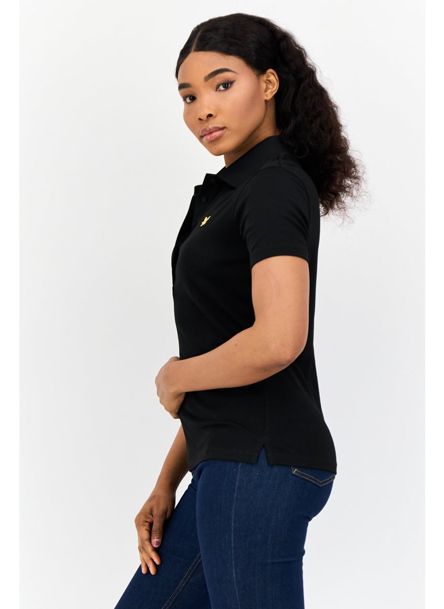 Women Regular Fit Brand Logo Short Sleeve Polo Shirt, Black
