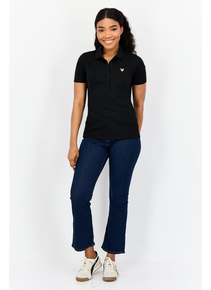 Women Regular Fit Brand Logo Short Sleeve Polo Shirt, Black
