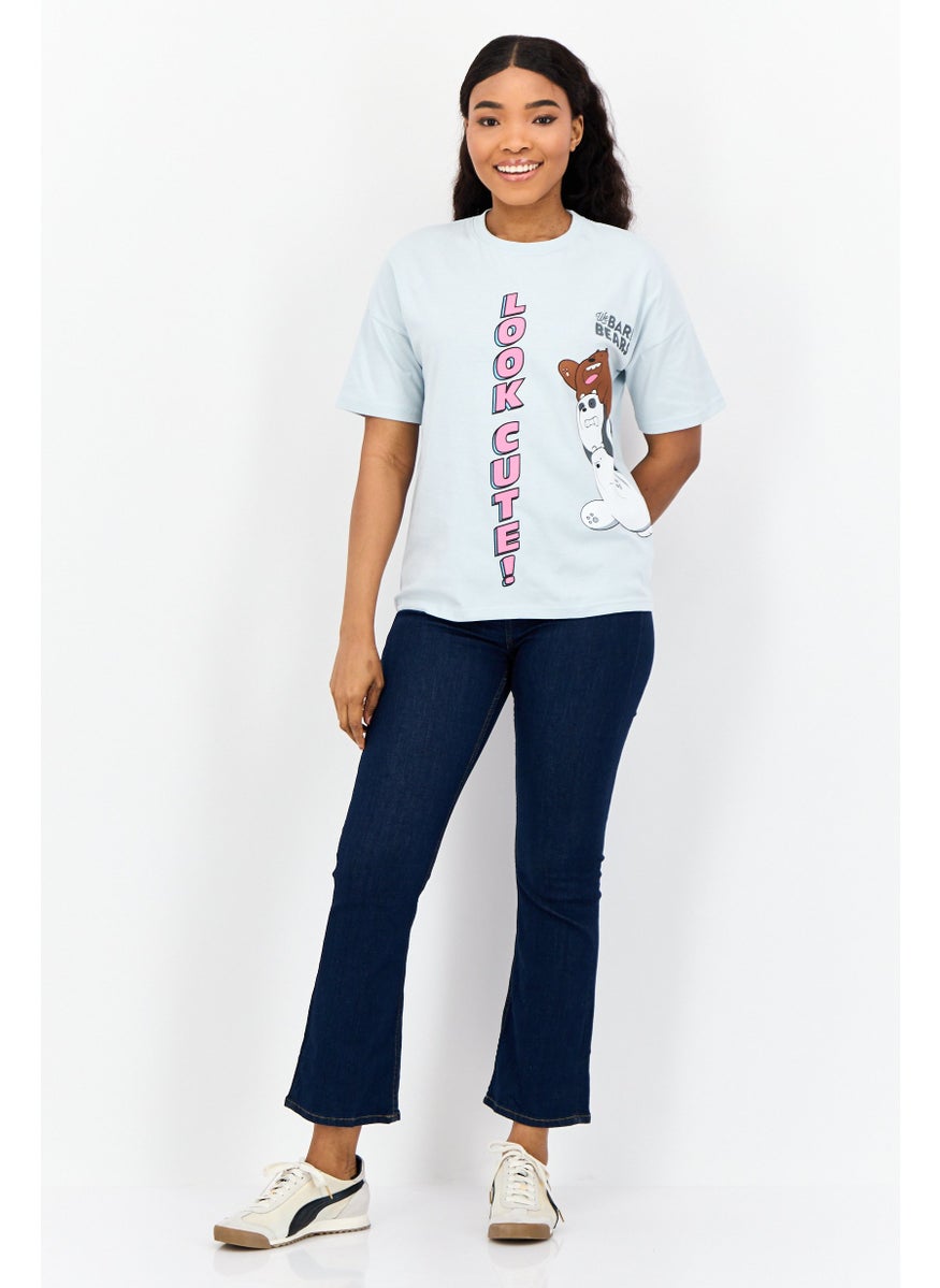 Women Crew Neck Short Sleeves Animal Print T-Shirt, Light Blue