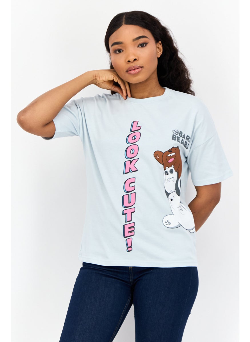 Women Crew Neck Short Sleeves Animal Print T-Shirt, Light Blue