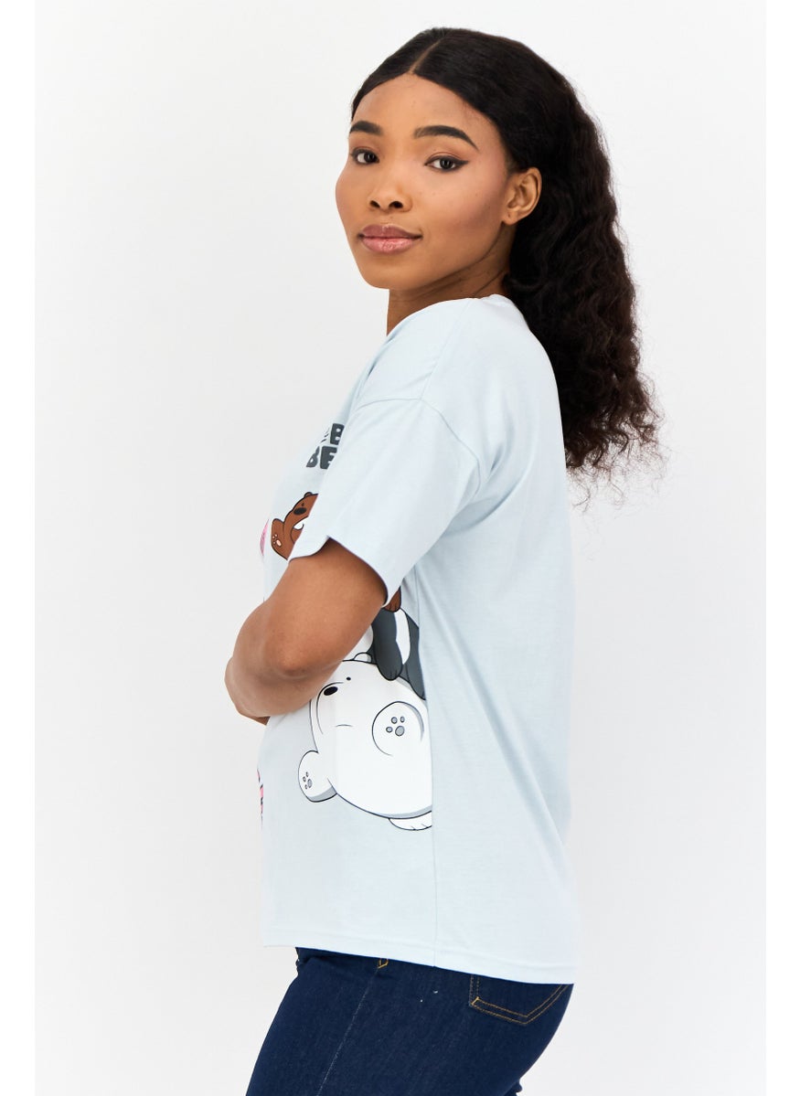Women Crew Neck Short Sleeves Animal Print T-Shirt, Light Blue