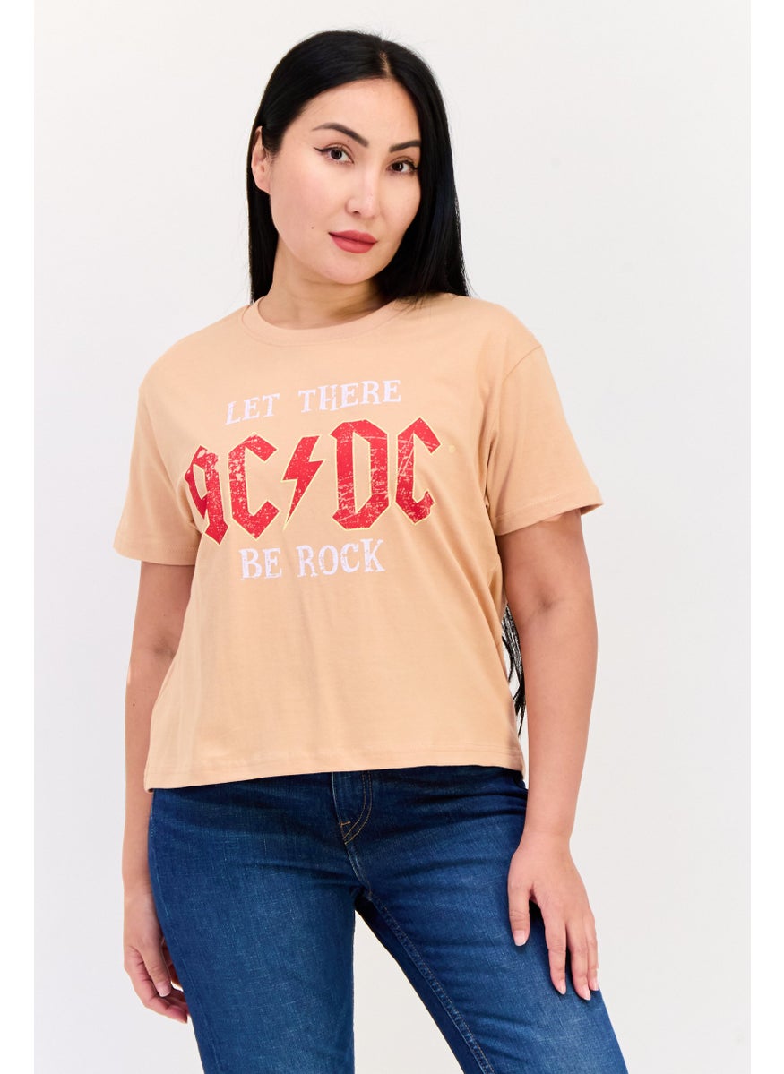 Women Regular Fit Short Sleeve Graphic Print Crop T-Shirt, Dark Peach