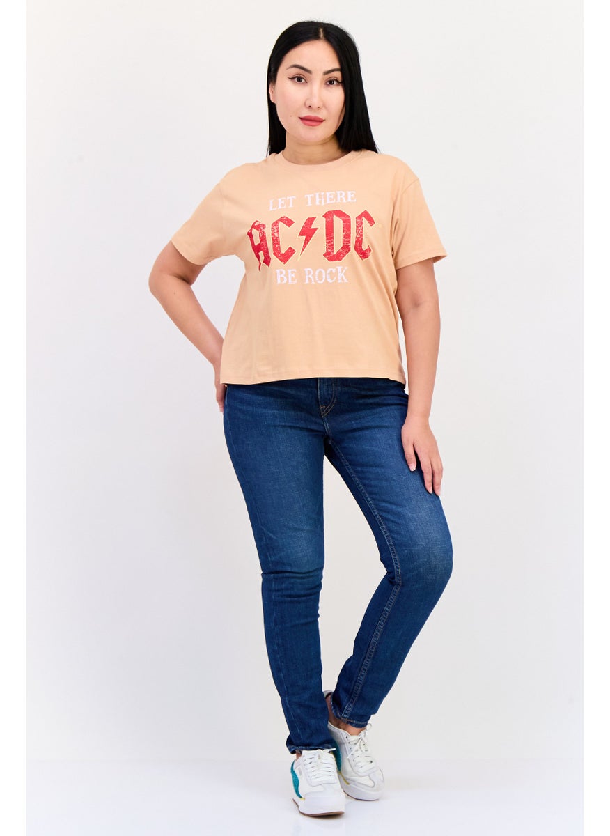 Women Regular Fit Short Sleeve Graphic Print Crop T-Shirt, Dark Peach