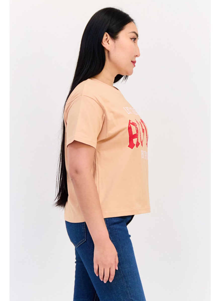 Women Regular Fit Short Sleeve Graphic Print Crop T-Shirt, Dark Peach
