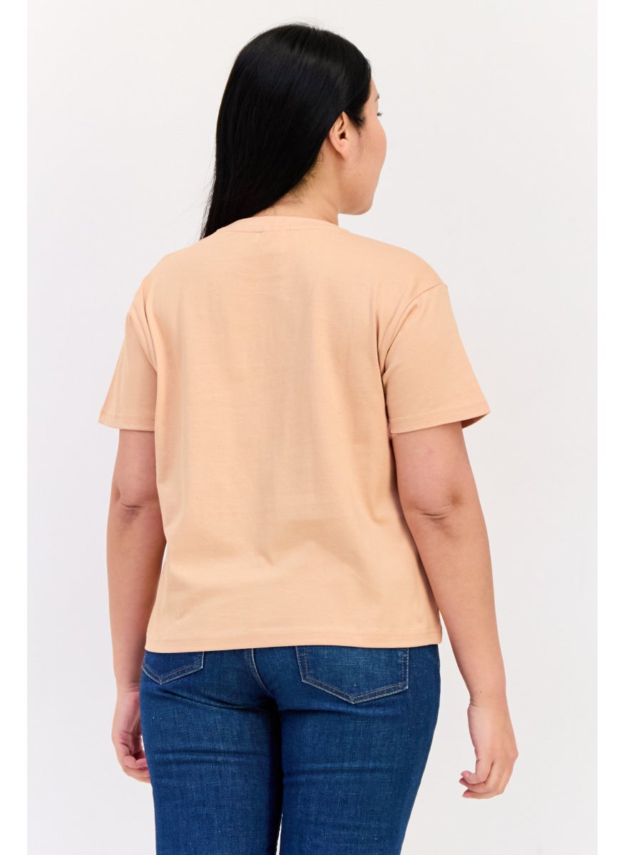 Women Regular Fit Short Sleeve Graphic Print Crop T-Shirt, Dark Peach