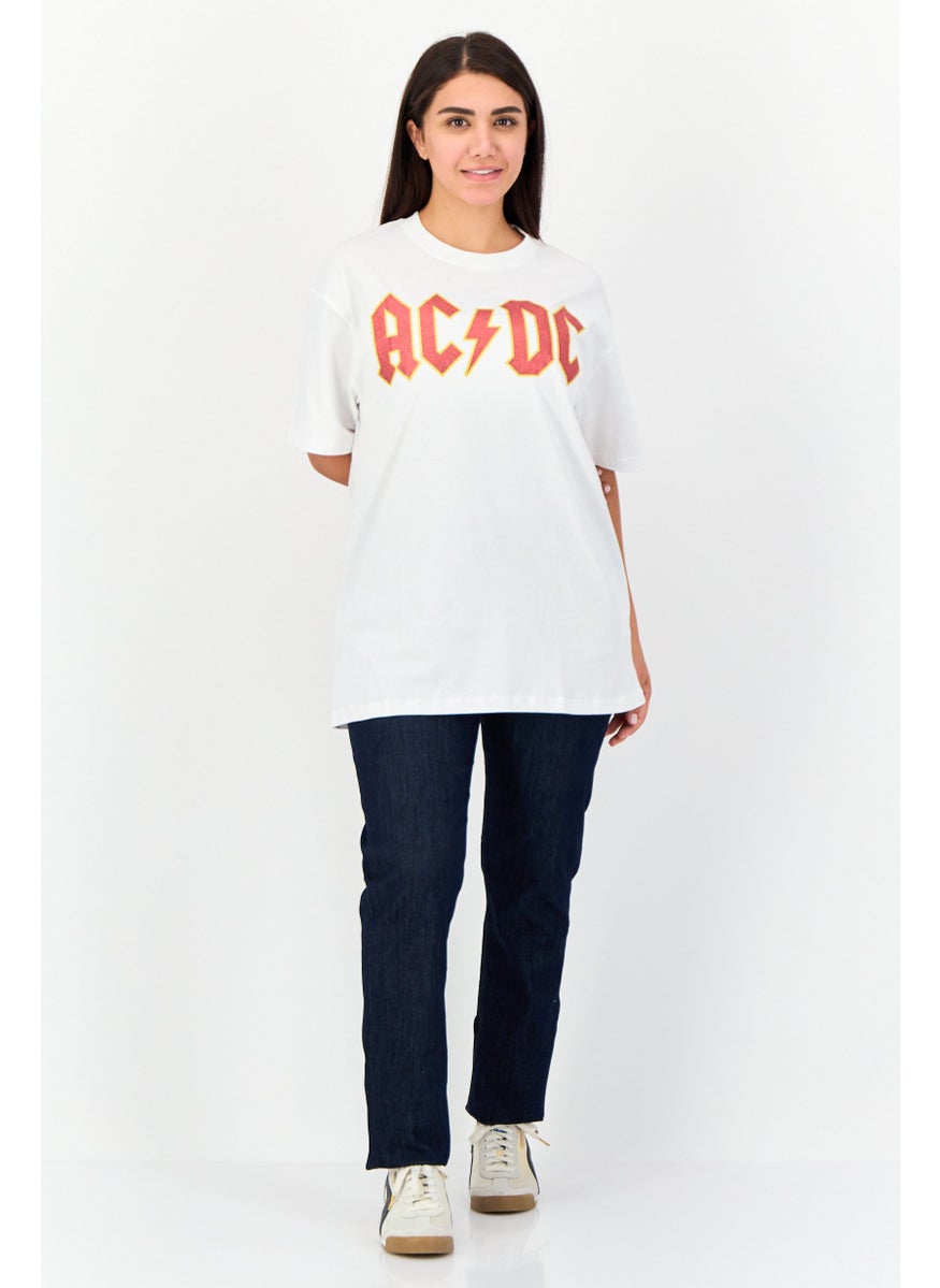 Women Oversized Fit Round Neck Short Sleeve Brand Logo T-Shirt, White
