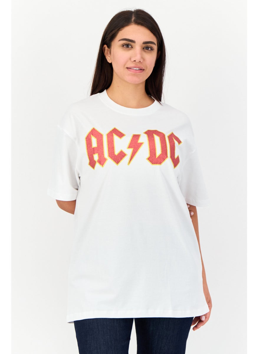Women Oversized Fit Round Neck Short Sleeve Brand Logo T-Shirt, White
