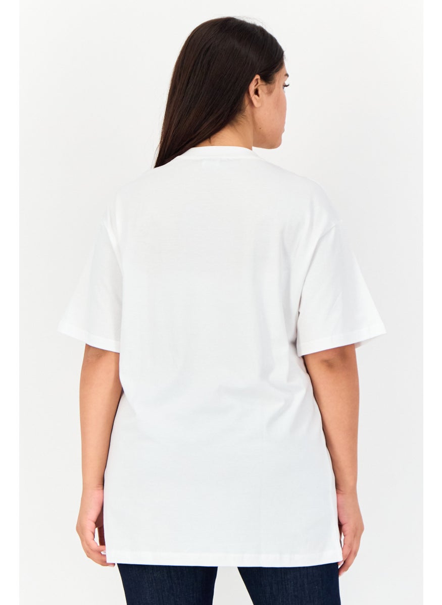 Women Oversized Fit Round Neck Short Sleeve Brand Logo T-Shirt, White