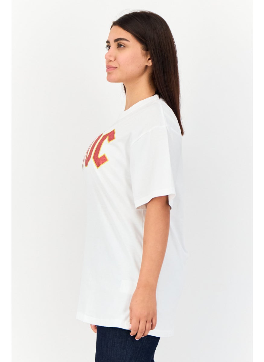 Women Oversized Fit Round Neck Short Sleeve Brand Logo T-Shirt, White