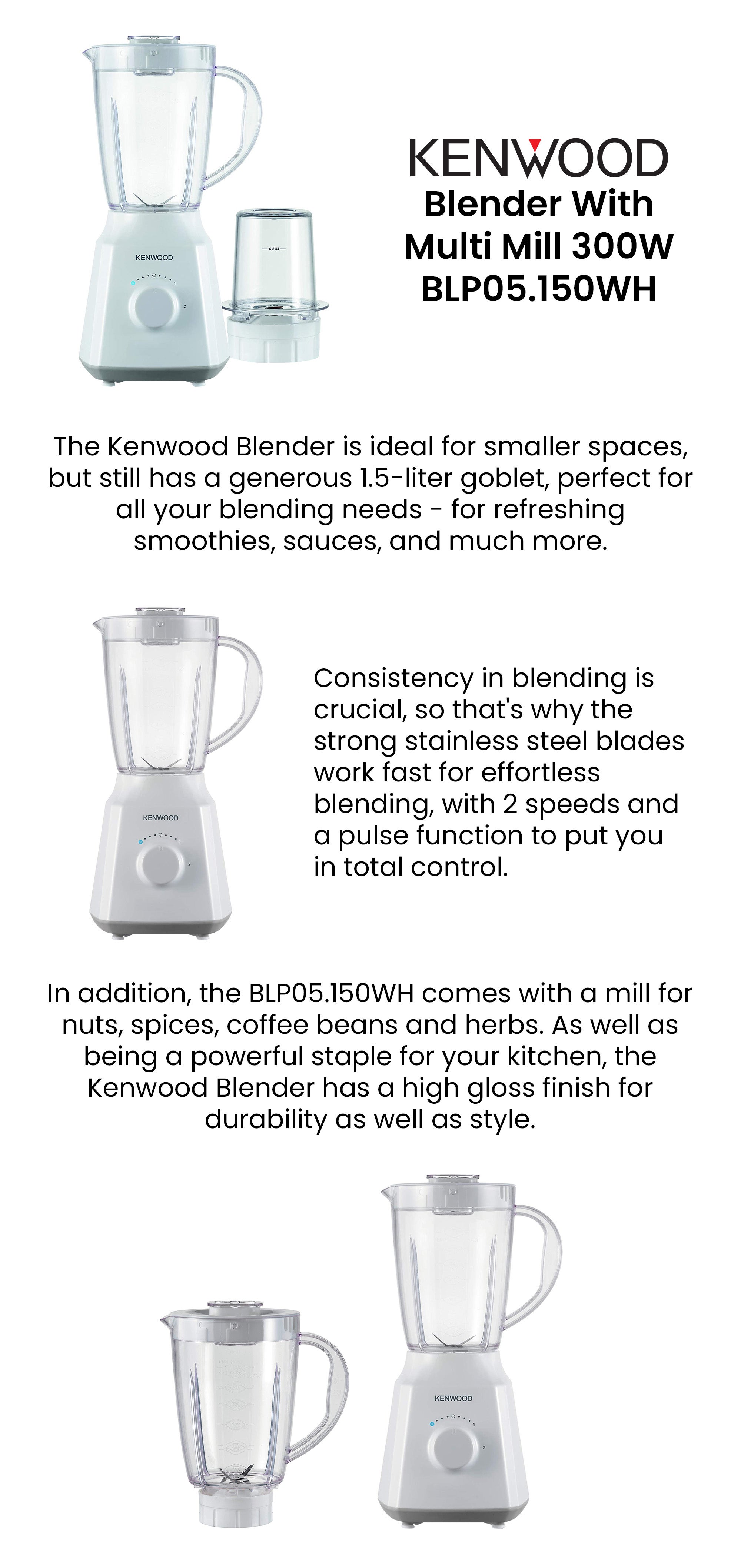 Blender Smoothie Maker With Multi Mill (Grinder/Chopper), Ice Crush Function 1.5 L 300.0 W BLP05.150WH White