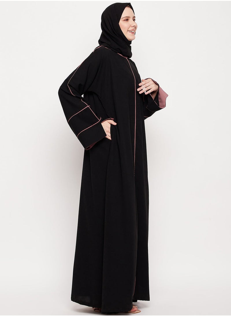 Elegant Black Abaya with Pink Piping